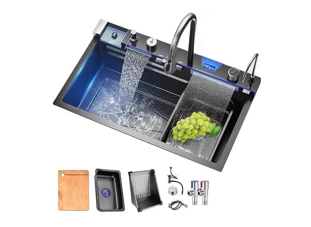 Chiuveta Multifunctionala RelaxU ©,din Otel Inoxidabil cu 2 cascade, jet spalare pahare, tocator din lemn natural si 2 cuve pentru spalat, 75 cm x 46 cm x 22cm - RelaxU.ro