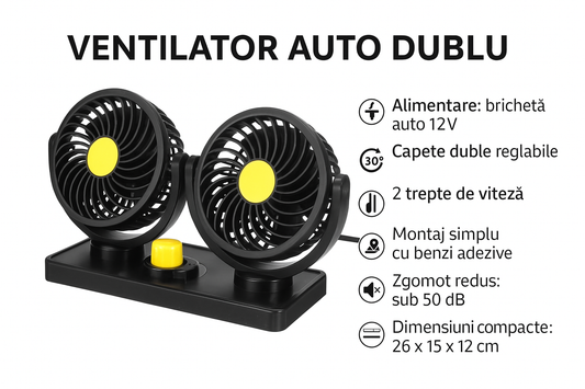 Ventilator Auto Dublu, 2 Trepte viteza, Rotire 360° RelaxU ©