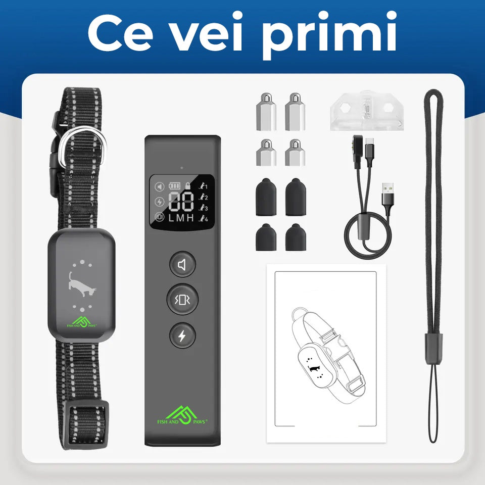 Zgarda electrica cu telecomanda RelaxU© pentru dresajul cainilor Engros, ton de avertizare, vibratii si soc static perfect pentru vanatoare sau antrenamente, rezistenta apa si praf, raza de actiune 487m, incarcator magnetic, curea ajustabila 62cm - RelaxU.ro
