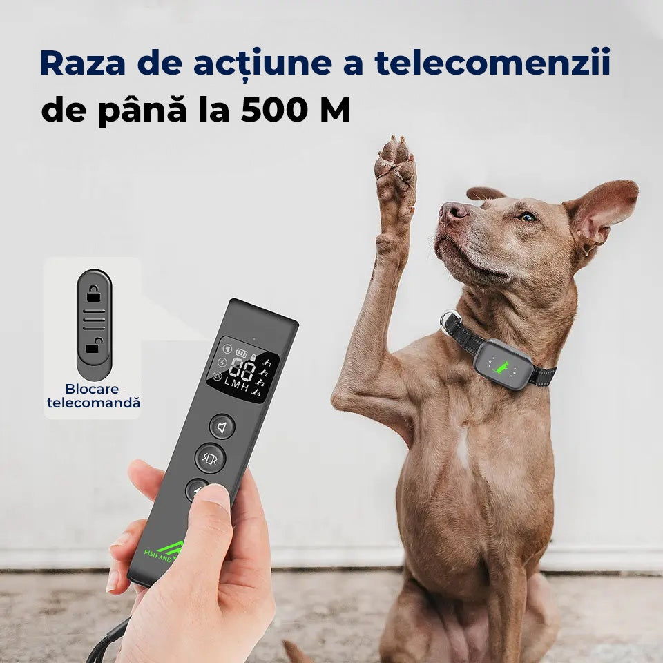 Zgarda electrica cu telecomanda RelaxU© pentru dresajul cainilor Engros, ton de avertizare, vibratii si soc static perfect pentru vanatoare sau antrenamente, rezistenta apa si praf, raza de actiune 487m, incarcator magnetic, curea ajustabila 62cm - RelaxU.ro